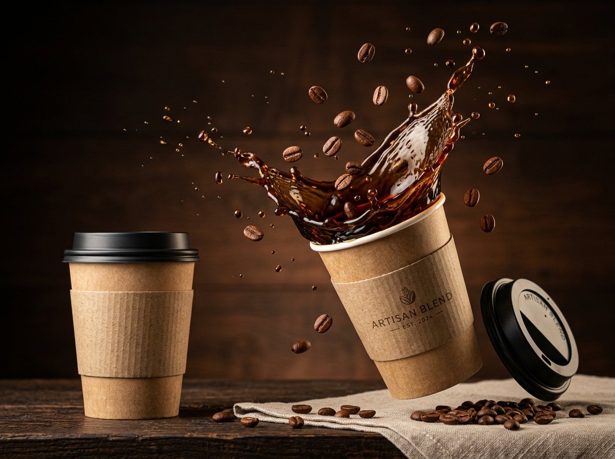 Café especial premium AROMA ESSENCIAL com splash de café e grãos selecionados
