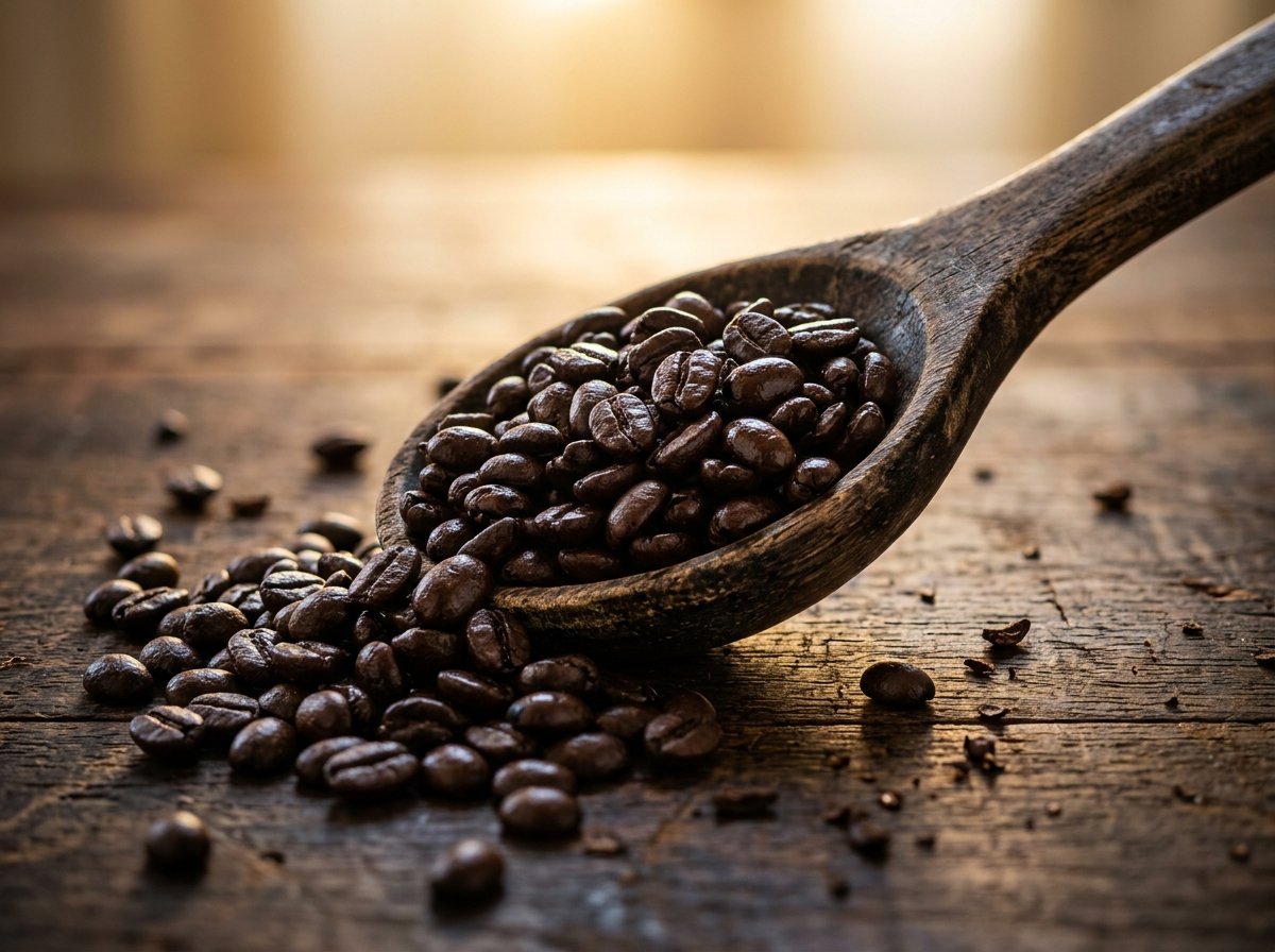 Colher de madeira artesanal com grãos de café premium torrados