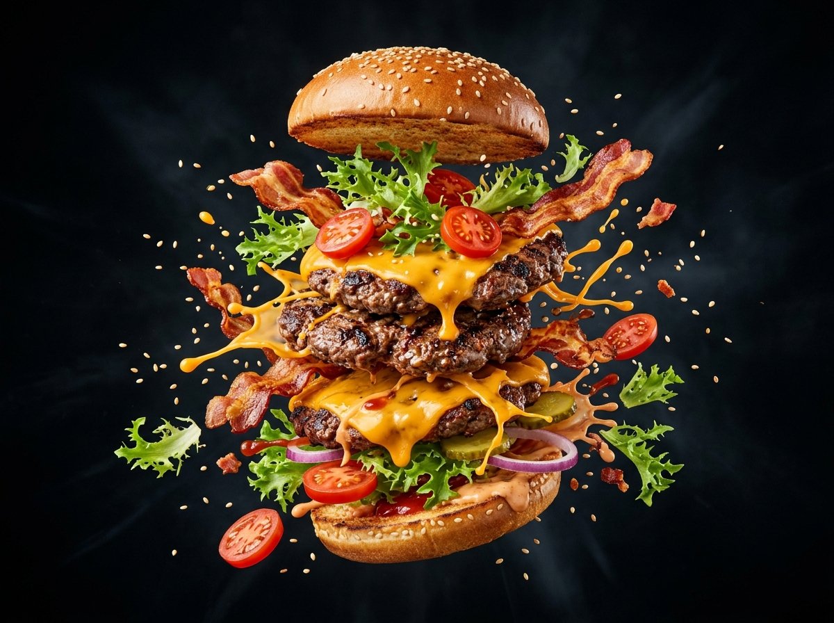 Hambúrguer triplo artesanal FZR Burger com ingredientes em explosão e queijo cheddar derretido