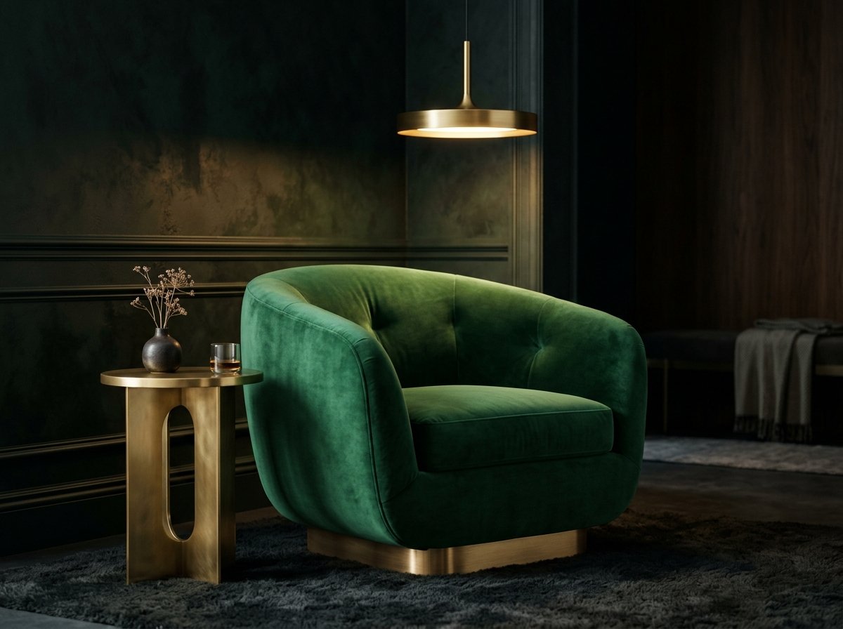 Poltrona moderna em veludo verde com mesa lateral de latão VÉRTICE